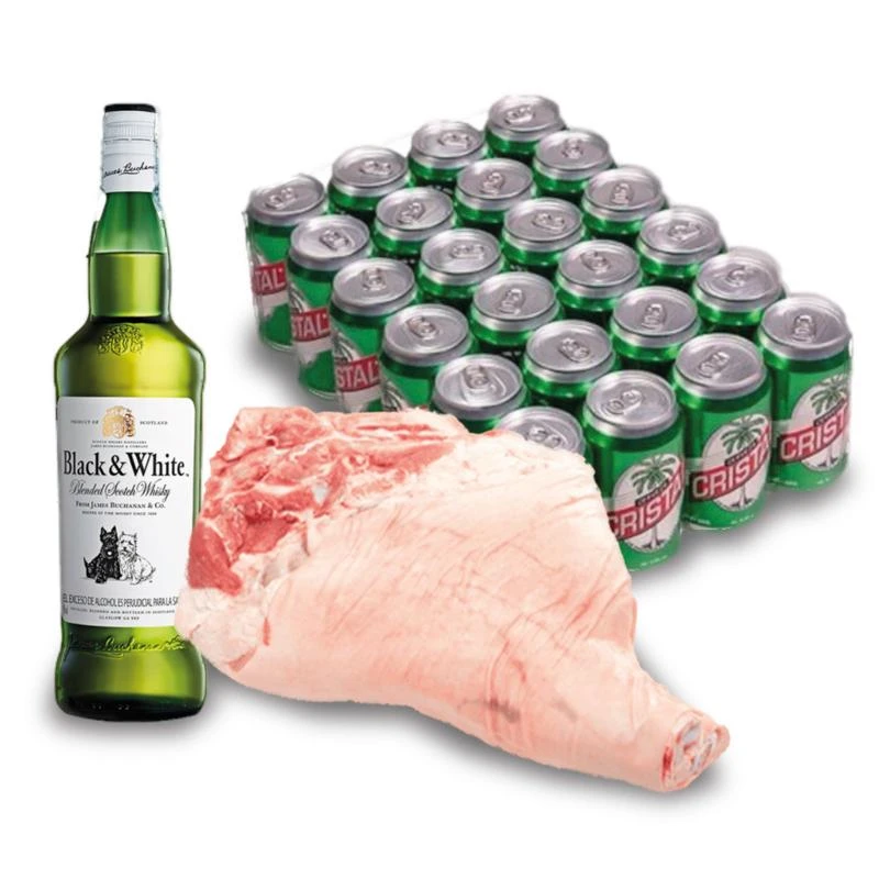 Pierna de cerdo con hueso , whisky y caja de cerveza 