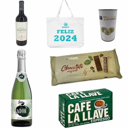 Bolsa variada 1: Vino, Sidra, Turrón, Café, Aceitunas 